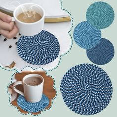 blue and white coasters with coffee in the middle, on top of a table