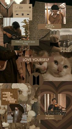 the collage has many different pictures and words on it, including one with a cat