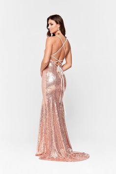 A&N Esmee - Rose Gold Sequin Gown with Lace Up Back and Square Neck Gold Formal Dresses, Sparkly Dresses, Prom Dresses Boho, Golden Dress, Rose Gold Sequin, Sequin Prom Dress, Prom Dresses For Teens, Sequin Gown, Pink Prom Dresses