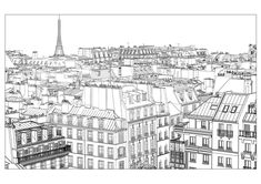 a black and white drawing of the eiffel tower towering over paris, france