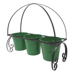 three green buckets hanging from a metal stand