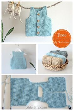 crocheted baby sweaters and booties are shown in three different pictures, one is