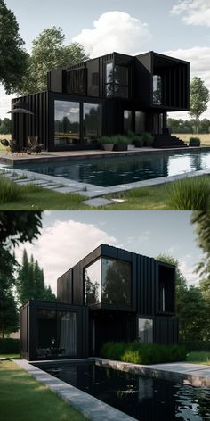 two different views of a house in the middle of some grass and water with trees around it