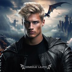 a young man with blonde hair wearing a black leather jacket in front of a castle