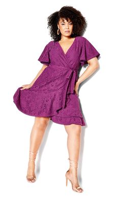 Step up your summer style in the magenta Sweet Love Lace Dress. With its all-over lace fabrication and crochet trimming for a feminine flair, this gorgeous gown comes in a faux wrap V-neckline design with short flutter sleeves. Key Features Include: - V-neckline - Short flutter sleeves - Removable self-tie waist belt - Faux wrap style - All over lace fabrication - Crochet lace trimming on sleeves and hemline - Fully lined - Mini length Wear this dress with a pair of wedged heels and statement ea Plus Size Short Dresses, Kiss Dress, City Chic Dresses, Plus Size Summer Dresses, Resort Dresses, Belted Midi Dress, Neckline Designs, Lilac Dress, Midi Short Sleeve Dress