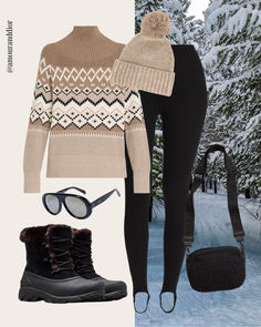 Après-Ski Outfit Idea ❄️🤍 Apres ski clothing, skiing outfit, winter outfits, winter wear, holiday outfit, cold weather outfits, Aspen, Vail, Stowe, fleece leggings, stirrup leggings, snow boots, mock neck sweater, jumpers Stirrup Leggings, Fleece Leggings