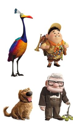 several cartoon characters are shown in different poses, including an animal and a man with glasses