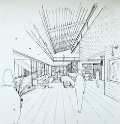 a drawing of people walking through a room