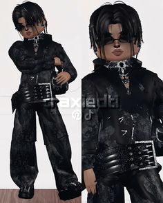 an animated image of a man in black outfit and boots with chains on his neck