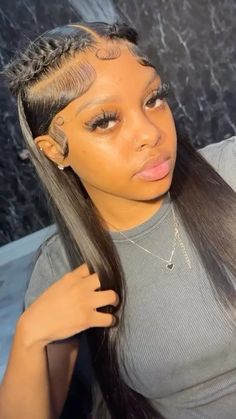 Step into elegance with silky-smooth locks, boasting a glossy sheen and a straight, simple cut enhanced by braided accents. The frontal, adorned with wavy baby hairs, frames the face with gentle grace, offering a versatile style that radiates chic, understated charm. Click for more ideas and follow us on Pinterest for your daily dose of inspiration! ** Photo Credit: Instagram @stylesbyluckss Hairstyles Inspiration