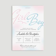 Flat gender reveal invitation Free Vector Gender Reveal Cards, Messages Instagram, Gender Reveal Games, Invitations Template, Gender Party, Gender Reveal Party Decorations