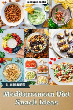 an advertisement for mediterranean diet snack ideas with pictures of different foods and vegetables on it