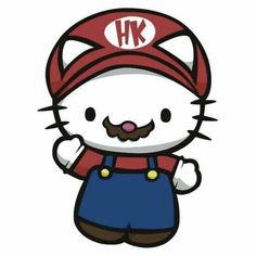 the hello kitty character is wearing overalls and a red hat with an hk on it