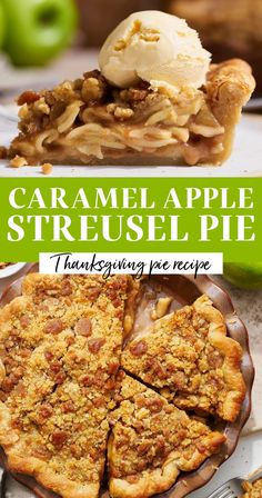 an image of caramel apple streusel pie with the title overlay above it