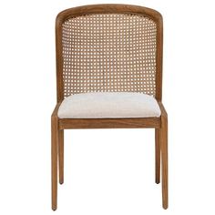 a wooden chair with a white cushion on it