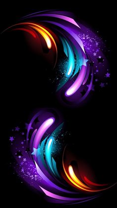 an abstract background with stars and swirls in purple, orange and blue colors on a black background