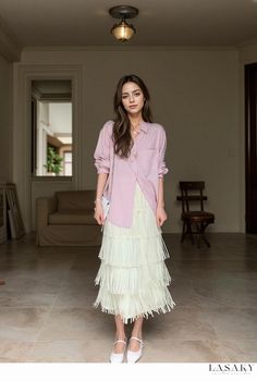 Lasaky - Long A-Line Skirt with Elastic Waist and Multi-Layered Tassel Cake Design Fringe Cake, Classy Long Dress, Long A Line Skirt, Polka Dot Midi Skirt, Cake Dress, Cake Skirt, Skirt With Elastic Waistband, Lace Pencil Skirt, Pleated Long Skirt