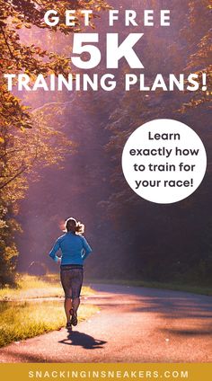 A woman running outside in the fall near some trees, with a text overlay that says free 5k training plans. 15k Training Plan, 10 Mile Training Plan, Olympic Triathlon Training Plan, 5k Training Schedule, Sprint Triathlon Training Plan, Sprint Triathlon Training, Half Marathon Plan, 10k Training Plan, Triathlon Training Plan