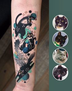 an image of a cat tattoo on the left forearm and right arm with four different cats