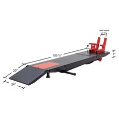 a bench with two red chairs on it and measurements for the seat height, from top to bottom