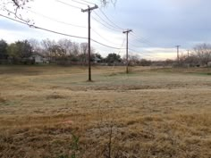 an empty field with power lines in the distance