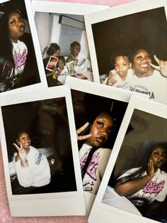 four polaroid photos of people posing for the camera with their hands up and smiling