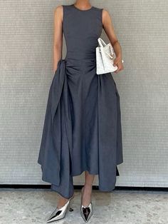 Regular Fit Crew Neck Elegant Plain Pockets Dress Silver Dresses Elegant, Tight Maxi Dress, Cinched Waist Dress, Cross Front Dress, Elegant Theme, Rouched Dress, Professional Dress, 2024 Outfits, Sleeveless Shirt Dress