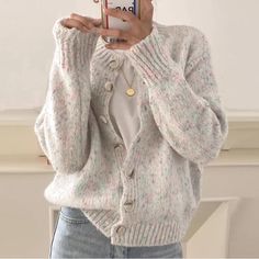 Beautiful Simple Confetti Look Rainbow Cream Sweater Soft And Comfortable Elegant Cardigan, Warm Cardigan, Cardigan Women, Fall Fits, Casual Cardigans, Loose Sweater, Cute Sweaters, Knit Tees, Knit Fashion