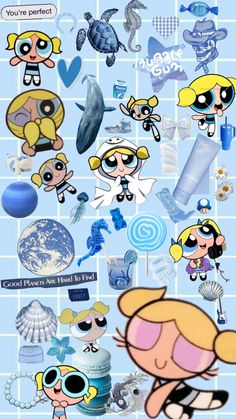 the powerpuff girls cartoon characters are depicted in this graphic art work, which includes various