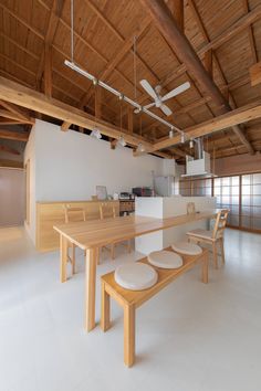 an empty room with wooden tables and stools