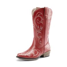 PRICES MAY VARY. Retro Square Toe: These cowboy boots feature a stylish square-toe silhouette providing ample space for toes to spread naturally. Exquisite Embroidery: Enhance your overall look with the finely embroidered elements and you can exude Western charm when you step out in these tall cowboy boots. Slip-On Design: Experience effortless convenience with the easy slip-on design, these boots also feature convenient pull loops. These western cowboy boots are crafted to enhance the natural contours of your legs, ensuring a flattering and stylish look. Heightened Comfort: Set on a 1.6-inch heel and TPR outsole, these Western-inspired mid-calf boots provide support and stability. The vegan leather upper and textile lining offer added comfort making these boots ideal for all-day wear. Ver Womens Red Cowboy Boots, Red Boots Western, Red And Pink Cowboy Boots, Red Cowboy Boots Zappos, Tall Cowboy Boots, Cowgirl Boots Square Toe, Red Weetern Cowboy Boots, Women's Cowboy Boots, Square Toe Cowboy Boots