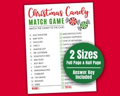 the christmas candy match game is shown on a red background with green and white lettering