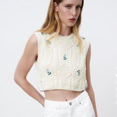 Brand New. Top Made Of Cotton Blend Fabric Round Neck Ecru And Blue Color Cream Knit Sweater With Floral Embroidery, White Embroidered Knit Sweater, White Floral Embroidery Sweater For Spring, White Sweater With Floral Embroidery For Spring, White Sweater With Floral Embroidery, White Casual Sweater With Floral Embroidery, Casual Embroidered Cream Sweater, Casual Cream Embroidered Sweater, White Crew Neck Knit Top For Spring