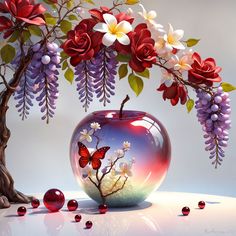 a vase filled with flowers and butterflies next to a tree on top of a table