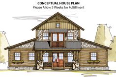 this is an artist's rendering of a small log cabin house with porches and windows