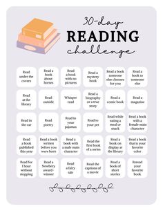 the 30 day reading challenge is shown with an image of books on top of it