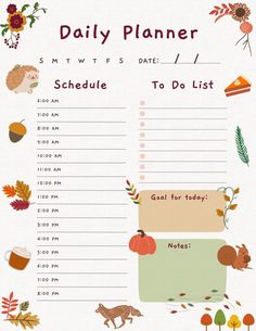 a daily planner with fall leaves and acorns on the side, including dates to do list