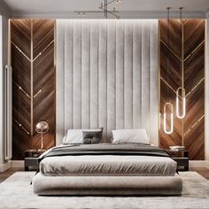 a modern bedroom with an upholstered headboard and wooden paneling on the walls