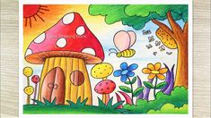 a drawing of a mushroom house in the woods with flowers and butterflies flying around it