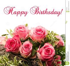 happy birthday card with pink roses and greenery on white background stock photo, image