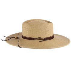 Classy gaucho style hat with flat brim, 4" wide. Sunken crown with straight sidewalls. Faux suede band with waxed cord tie accent. Faux leather chin strap. Adjustable drawstring inside crown. UPF 50+ sun protection hat. One size. 100% toyo braid Brown Flat Crown Sun Hat For Beach, Adjustable Natural Sun Hat With Flat Crown, Western Style Adjustable Wide Brim Panama Hat, Country Style Sun Hat With Flat Crown For Beach, Adjustable Natural Boater Hat With Short Brim, Country Style Flat Brim Boater Hat For Rodeo, Natural Adjustable Boater Hat With Flat Crown, Country Style Boater Hat With Flat Brim For Rodeo, Adjustable Sun Hat With Curved Brim For Ranch