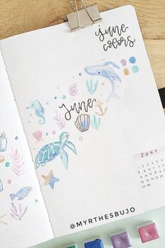 June Bullet Journal Cover Ideas June Bullet Journal Cover Aesthetic, Pool Bullet Journal, Under The Sea Bullet Journal, Summer Journal Cover, June Bullet Journal Cover Ideas, Beach Bullet Journal, Mermaid Bullet Journal, Ocean Bullet Journal, Easy Dot Art