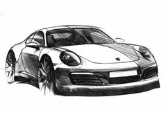 a black and white drawing of a porsche sports car with the hood up, front view