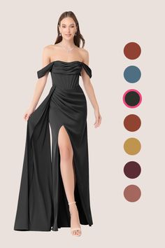 a woman in a long black dress with slits and color swatches on the side