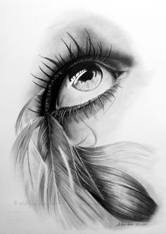 a drawing of an eye with long eyelashes and feathers in it's irise