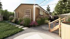 a small wooden house surrounded by lush green grass