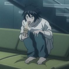 an anime character sitting on a bench with his hand in his mouth and looking at the ground