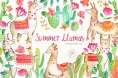 watercolor llamas and cactuses with the words, summer llamas