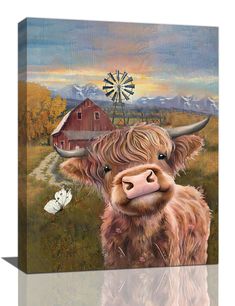 a painting of a cow with a windmill in the background