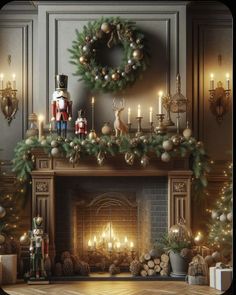 a fireplace decorated with christmas decorations and candles